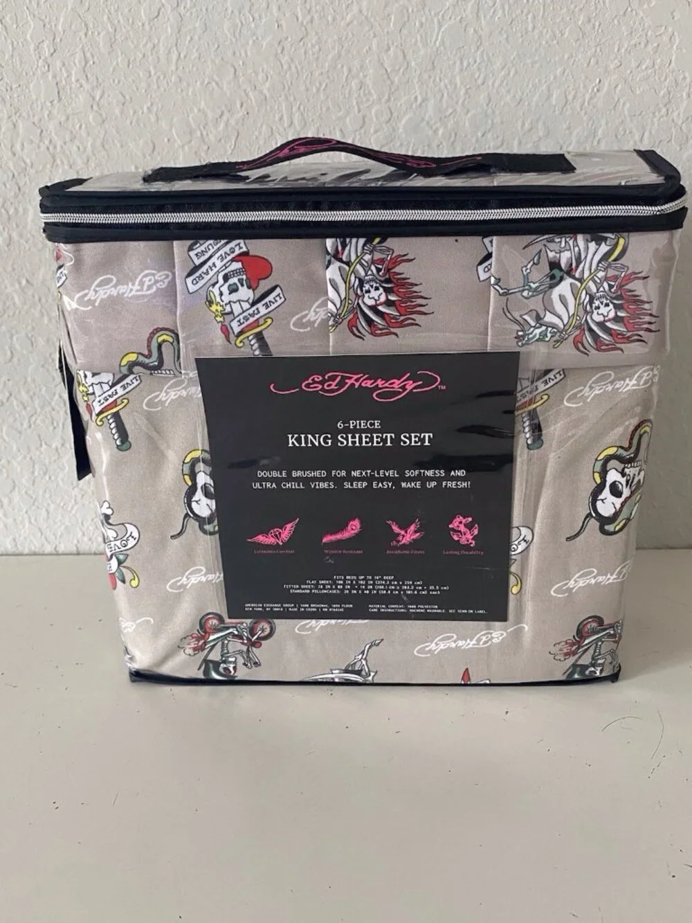 6‎ Piece Ed Hardy KING Size Sheet Set Logo Skulls Snake Hearts Roses Khaki NEW